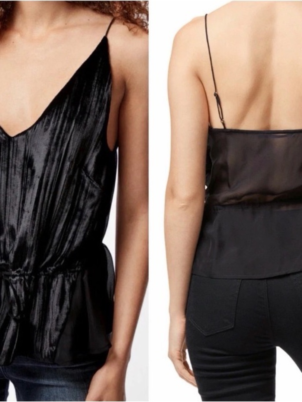 J Brand Velvet Silk Camisole Top Sheer Back Peplum V Neck Adjustable Straps